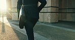 Rush, running and businessman with briefcase in the city late for corporate work trip flight. Travel, bag and back of professional male executive ceo or boss jogging fast by building in an urban town