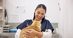 Happy, vet and woman with pet cat for care in healthcare clinic or hospital. Veterinary, kitty and Asian medical professional, doctor and veterinarian employee working, checkup and animal treatment