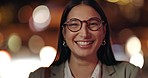 Face, glasses and business woman in city at night, bokeh and funny laugh outdoor. Portrait, happy professional and corporate consultant, entrepreneur and confident employee in urban town in Brazil