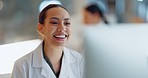 Doctor, woman and smile with data analysis in laboratory for biochemistry, science or research. Female person, face and happiness for experiment in medical care for health, treatment or breakthrough