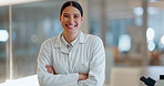 Lab woman, arms crossed and scientist happy for clinic confidence, medical innovation or pharma study, trust or investigation. Expert portrait, laboratory study and person work on science development