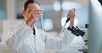 Science, results and woman with pipette, test tube and microscope for biotech solution in laboratory. Medical research, scientist or lab technician in study for healthcare, medicine or vaccine test.