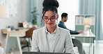 Woman with smile, laptop and typing in coworking space, research and online schedule at consulting agency. Office, networking business and girl at computer writing email review, feedback or report.