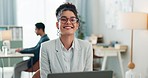 Portrait of woman with smile, laptop and coworking space for research, online admin and consultant at agency. Office, networking business and girl at computer typing email review, feedback or report