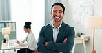 Portrait of man with smile, confidence and coworking space, manager for online research and consulting agency. Office, happiness and businessman with arms crossed, leadership and entrepreneur at work