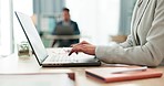 Hands of woman at desk, laptop and typing in coworking space, research and online schedule at consulting agency. Office, admin business and girl at computer writing email review, feedback or report.