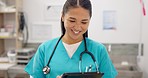Happy, woman and vet work with tablet in clinic, hospital or office with healthcare, technology and insurance for pet. Veterinary, nurse and working on tech for animal medicine, results or internet