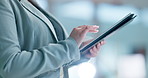 Hands, tablet and a corporate person closeup in the office for research as a professional manager. Technology, management and planning with a business employee searching or scrolling in the workplace