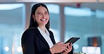 Business, face and woman with a tablet, smile or email with connection, employee or search internet. Person, worker or consultant with technology, digital app or website information or online reading