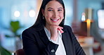 Face, smile and a business woman laughing in her office at work looking happy with her corporate career. Portrait, success and funny with a young professional employee in a company workplace