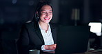 Night, business and woman with a laptop, smile and typing with connection, network and website information. Person, employee or consultant with a pc, evening or search internet with email or research