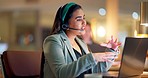 Face, woman and call centre with headset on laptop by explaining, laugh and customer service. Female, person or agent by talk for client for telemarketing, feedback or sale of product of online store