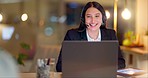 Call center, laptop and woman at night in office for customer service, CRM advisory and sales questions. Happy virtual assistant laugh at computer for telecom support, communication and telemarketing