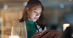 Night, business and woman with a tablet, typing and search internet with connection, online reading and website information. Person, employee or consultant with tech, digital app and data analysis