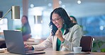 Business, celebration and woman with a laptop, surprise and thinking with connection, employee and wow. Person, worker or consultant with a pc, success or achievement with email notification or smile