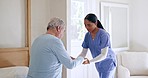 Old man, help or caregiver holding hands in nursing home, retirement clinic for wellness or support. Talking, nurse or social worker helping an elderly patient for injury rehabilitation in bedroom