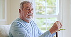 Thinking, sad and senior man with a cane for walking support, rehabilitation or depression. Closeup hands, mental health and elderly person with a disability and stick for help in a nursing home