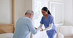 Old man, bedroom or caregiver holding hands in nursing home, retirement clinic for wellness or support. Talking, nurse or social worker helping an elderly patient for medical or injury rehabilitation