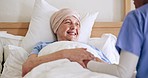 Old woman, bed or caregiver talking in nursing home, retirement clinic for empathy or support. Health advice, happy or elderly patient speaking or holding hands with nurse for medical rehabilitation