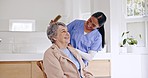 Hair, brush and senior woman with caregiver grooming, routine and helping a person with beauty in nursing home. Elderly care, nurse and brushing, haircare or help in retirement, bathroom or house