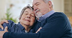 Love, relax or old couple hug in home living room bonding or sleeping together on holiday with support. Retirement, eyes closed or senior man with a mature woman with trust, peace or care in marriage