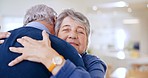 Love, home and senior couple hug, bonding and care for man, woman or romantic partner empathy, kindness or support. Face, retirement and hugging wife, husband or marriage people embrace for gratitude