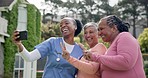 Nurse, selfie or happy mature women, patient or people post memory photo to social media app in nursing home garden. Caregiver, photography or healthcare client peace sign in backyard profile picture