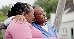Garden, hug and funny woman with nurse, medical healthcare worker and laughing together in rehabilitation. Mature African person, park and caregiver on bench, embrace and support for trust in nature