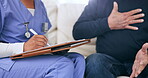 Hands, documents or insurance with a nurse and patient on a sofa in the living room of a retirement home together. Healthcare, medical or support with a caregiver asking questions to a senior closeup