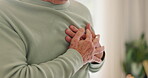 Hands, chest pain and senior man massage for relief, cardiac arrest and heartburn or disease. Elderly person, sick and suffering from heart attack or breathing problems, illness and healthcare emergency