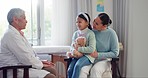 Doctor, mother and girl in health consultation, talking and advice for wellness assessment, review and care. Senior pediatrician, mom and daughter with smile, conversation and support for healthcare