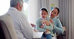 Doctor, mother and daughter in health consultation, talking and writing notes for assessment, review or care. Senior pediatrician, mom and sick girl kid for conversation, notebook or medical history