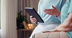 Hands, doctor and tablet consultation with patient and communication with medical exam. Patient, consulting and counseling with healthcare and wellness data on tech with a discussion for advice 