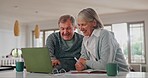Senior couple, home and laptop for budget, financial assets and insurance policy information. Happy man, woman and check growth of investment portfolio, retirement savings or banking loan on computer