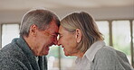 Forehead, touch and love of senior couple at home, care and relationship, romantic connection and retirement. Intimate, elderly man and happy woman bonding, support and trust in marriage together