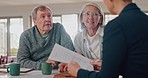 Elderly couple, documents and financial advisor in retirement, consultation or planning at home. Senior man or woman talking to finance consultant or agent with paperwork in budget plan or investment