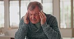 Senior man, headache and stress in home for mental health, anxiety and depression in retirement. Face of tired elderly pensioner massage temple for vertigo, dizzy and crisis of pain, worry or mistake