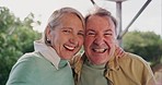 Senior couple, face and smile for selfie together in backyard for love, care and support in retirement. Portrait, happy old man and woman with photography for profile picture, social media and memory