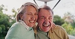 Happy, smile and face of senior couple hugging, kissing and bonding for love and care together. Happiness, excited and portrait of elderly man and woman in retirement embracing in an outdoor garden.