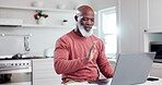 Laptop, video call and wave with a senior black man in the kitchen of his home for remote work or communication. Computer, virtual meeting and a happy elderly person in his apartment for networking