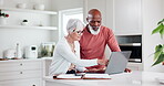 Senior couple, laptop and planning for home, investment or budget, retirement and pension funding or choice. Interracial elderly woman and man on computer for asset management, loan or life insurance