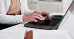 Closeup, business and woman with a laptop, typing and connection with planning, project and internet. Person, employee or consultant with a pc, website information or email notification with keyboard