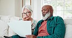 Old couple on couch with tablet, paperwork and home budget with interracial marriage, discussion and planning. Bills, online banking and fintech, senior man and woman on sofa with retirement savings.