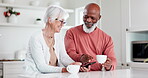 Senior, couple or phone with coffee or technology for social media, internet scroll or meme and smile. Elderly, black man or woman or interracial with smartphone for streaming or conversation at home