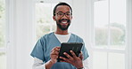 Smile, tablet and a black man physiotherapist in a clinic or healthcare treatment or rehabilitation. Portrait, physiotherapy and a happy young medicine professional in an office for recovery research