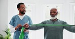 Physiotherapy, tablet and resistance with a black man in a clinic for rehabilitation or recovery from injury. Consulting, healthcare or medical with a physiotherapist and client for a mobility exam