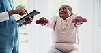 Physiotherapy, tablet and dumbbell with a black woman patient in a clinic for rehabilitation or recovery from injury. Weight, healthcare or medical with a physiotherapist and client for assessment