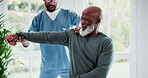 Physiotherapy, arm and dumbbell with a senior black man in a clinic for rehabilitation or recovery from injury. Consulting, healthcare or medical with a physiotherapist and patient for assessment