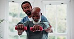 Nurse, dumbbells and physiotherapy of senior black man, exercise or rehabilitation. Caregiver, person and weight training, help and fitness in recovery for healthy body, muscle and physical therapy