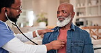 Nurse, senior man and stethoscope for home healthcare, nursing support or medical exam of heart on sofa. Cardiology, retirement care and african patient smile with doctor in breathing test or service